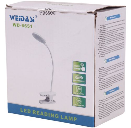Настольная аккумуляторная LED лампа WD-6651 на прищепке, Светодиодная USB лампа фонарь на гибкой ножке с зажимом прищепкой на аккумуляторе Белая