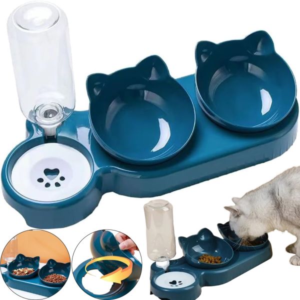 Потрійна годівниця для води з кормом Cat Bowl with Water Dispenser з автоматичною поїлкою 500мл для собак і кішок, поїлка з двома мисками для корму