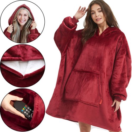 Толстовка-плед з капюшоном Huggle Hoodie Ultra Plush Blanket бордова 2в1 унісекс оверсайз худі плюшевий плед з рукавами на флісі 74х110 см Червона