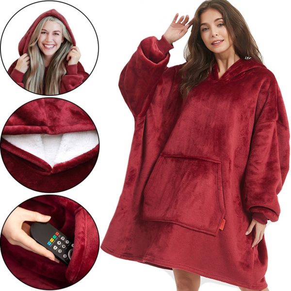Толстовка-плед з капюшоном Huggle Hoodie Ultra Plush Blanket бордова 2в1 унісекс оверсайз худі плюшевий плед з рукавами на флісі 74х110 см Червона
