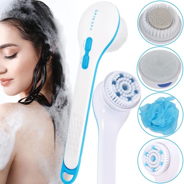 Масажна щітка Spin Spa 5 в 1 для вмивання і чищення обличчя і тіла, електричний масажер для душу, ванни, щітка-масажер зі змінними насадками Білий