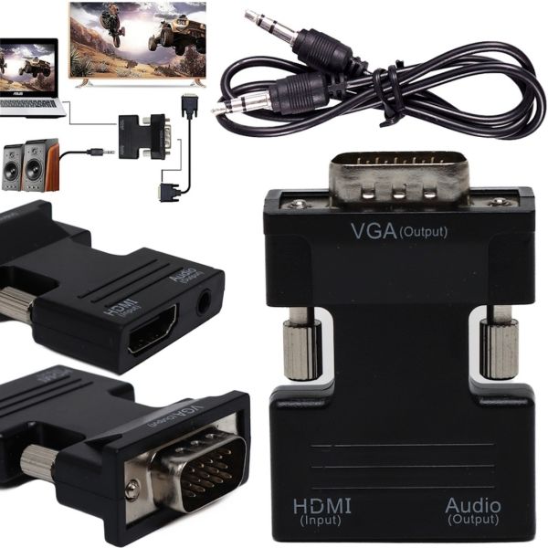 Конвертер HDMI-VGA OUT Black адаптер для перетворення сигналу 1080p з аудіо виходом, перехідник з HDMI на VGA кабель 3.5 мм jack Чорний