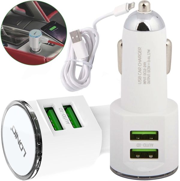 Автомобільний зарядний пристрій Ldnio DL-C29 Car Charger 2USB 3.4 A адаптер живлення, автозарядка в прикурювач зі шнуром Lightning White Білий