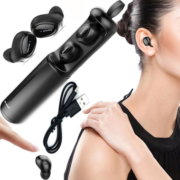 Бездротові Bluetooth навушники з кейсом Awei T5 Black вакуумні навушники-гарнітура з шумозаглушенням і мікрофоном блютуз в чохлі док-станція чорні