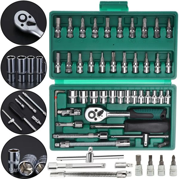 Набір ключів з тріскачкою для авто 46 інструментів Tool Set в кейсі комплект автоінструментів головок біт для машини в пластиковій валізі 24Х12. 5 см