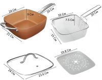Универсальная сковорода Copper Cook Deep Square Pan Ampowar 24 см с фритюром и пароваркой с крышкой, Антипригарная сковородка фритюрница с дуршлагом