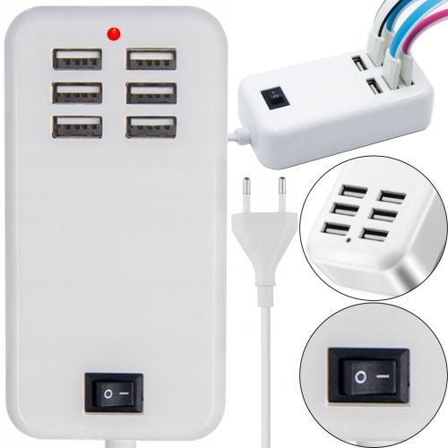 Мережевий зарядний пристрій USB Desktop Charger 20W на 6 портів з вимикачем, Зарядка адаптер для зарядки телефонів на 6 роз'ємів від мережі Білий