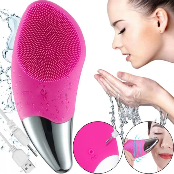 Електрична силіконова щітка масажер Sonic Facial Brush BR - 020 для масажу обличчя, Щітка для чищення та вмивання обличчя з вібрацією від USB рожева