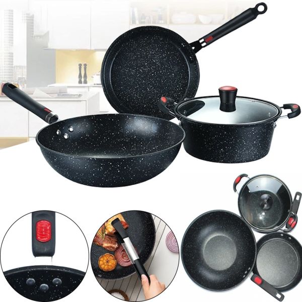 Кухонний набір посуду Longziwei WOK HH23 - 005 2 сковорідки і казанок для приготування їжі 3в1, Казан і сковорода з антипригарним покриттям MAG-782