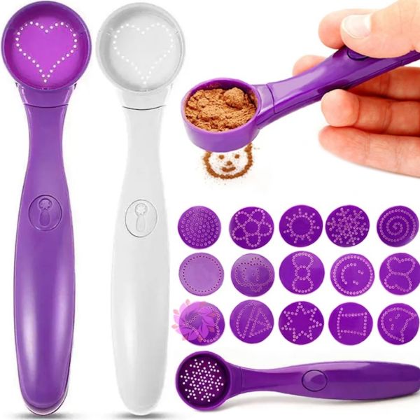Декоруюча ложечка для кави і страв Magic Spice Spoon 16 візерунків, Ложка для декорування з насадками трафаретами для прикраси латте від батарейок
