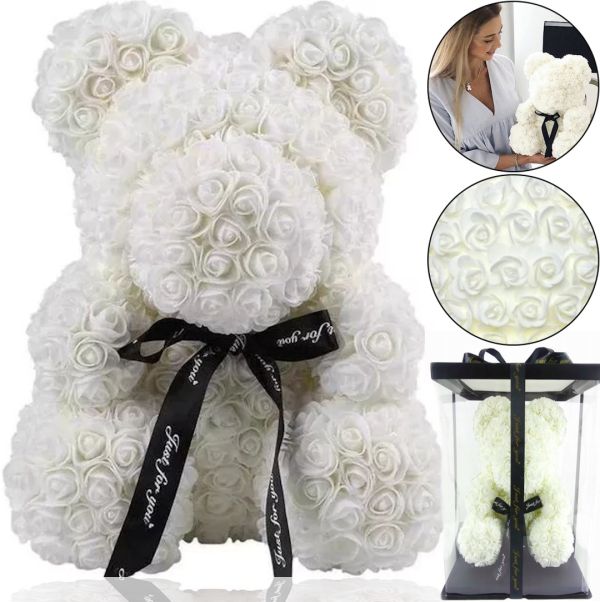 Маленький ведмедик з штучних 3D троянд Teddy Bear de Luxe 25 см White, Білий ведмідь Тедді