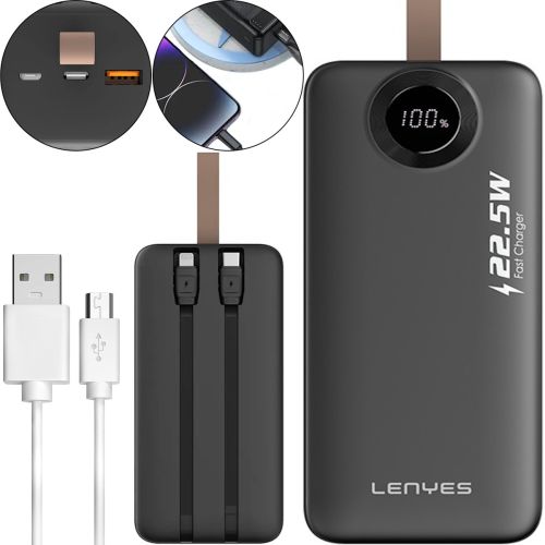 Портативний зарядний пристрій Power Bank Lenyes PX487D 40000mAh 22.5W з LED дисплеєм і кабелями, Зовнішній акумулятор повербанк Lightning Type-C