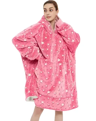 Світний дорослий худі толстовка Huggle Hoodie Stars Dream 2в1 унісекс оверсайз толстовка-плед з кишенею та капюшоном на флісі 126х180 Рожева, що світиться
