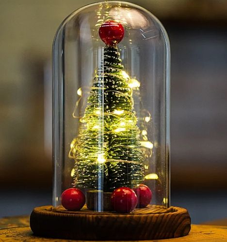 Новорічна ялинка в скляній колбі 15 см Christmas Light з LED гірляндою і кулями, настільний декоративний Різдвяний нічник на батарейках
