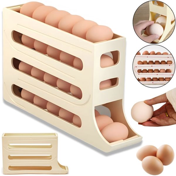 Контейнер органайзер для зберігання яєць Plastic Egg Shelving XL-994 харчова підставка, полиця з автоматичною подачею, лоток в холодильник на 4 яруси