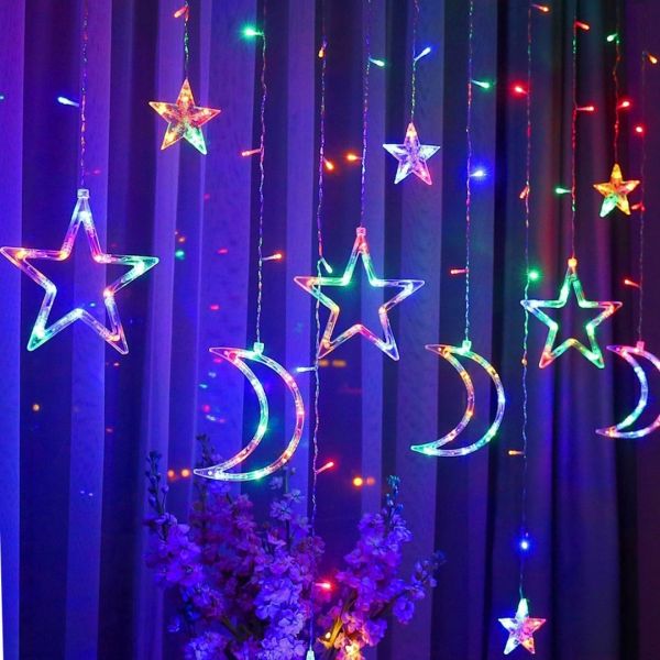 Внутрішня кольорова гірлянда завісу Місяць Зірки Star Moon Style 2.5х1 м 138 LED діодів M, Світлодіодна RGB гірлянда-завісу на вікно 2. 5мх1м 220V