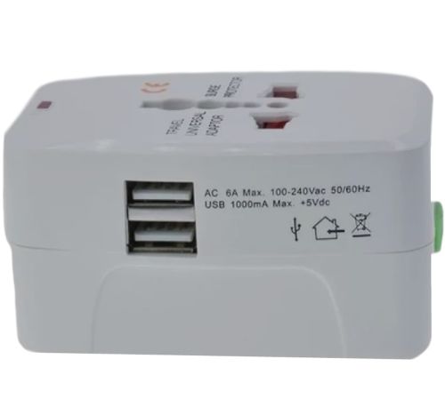 Універсальний мережевий перехідник штекер в розетку 1000 mA Universal adaptor SL-823 2USB, Адаптер для розетки EU UK US CA Japan з юсб для подорожей