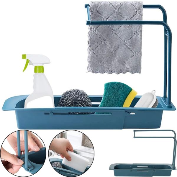 Розсувна Полиця органайзер для раковини Sink rack AD - 1792 для губки і ганчірок, телескопічна поличка сушарка рушники на мийку LY-567 Темно-синя