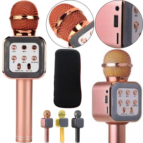 Бездротовий мікрофон караоке Wster WS-1818 Bluetooth USB AUX FM з вбудованою колонкою і функцією зміни голосу на акумуляторі в чохлі Рожевий