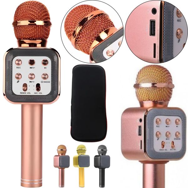 Бездротовий мікрофон караоке Wster WS-1818 Bluetooth USB AUX FM з вбудованою колонкою і функцією зміни голосу на акумуляторі в чохлі Рожевий