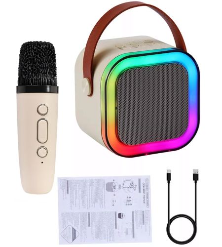 Детский беспроводной караоке Speaker K12 Bluetooth 2 в 1 светодиодная портативная колонка с микрофоном, RGB подсветкой и Wi-Fi на аккумуляторе Бежевая