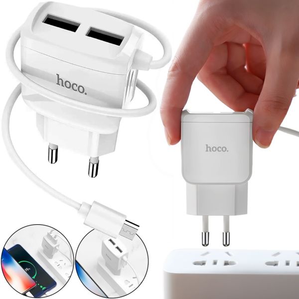 Мережевий зарядний пристрій Hoco C59A 2USB адаптер USB з цільним кабелем MicroUSB блок живлення на 2 порти для зарядки телефонів 15w 220v 2.4 A Білий