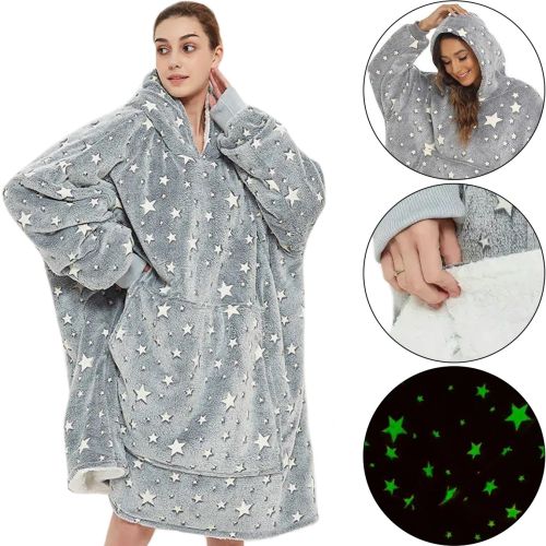 Світиться дорослий худі толстовка Huggle Hoodie Stars Dream сіра 2в1 унісекс оверсайз толстовка-плед з кишенею і капюшоном на флісі 126х180 Сірий