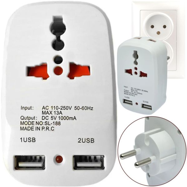 Мережевий трійник Travel Adaptor 823 розгалужувач адаптер для зарядки телефону SL - 188 на 2 USB мережевий зарядний пристрій з індикатором в розетку